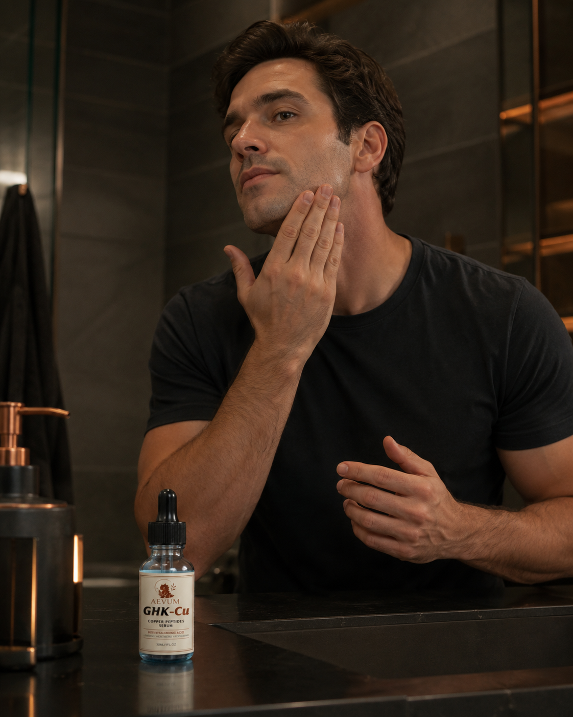 Man applying copper peptide serum after shaving